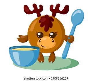 Funny cute kawaii moose or deer with round body, spoon and bowl in flat design with shadows. Isolated animal vector illustration