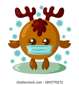 Funny cute kawaii moose with round body and protective medical face mask surroundet by viruses in flat design with shadows. Isolated vector illustration	