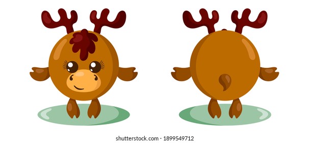 Funny cute kawaii moose with round body and hair in flat design with shadows, front and back. Isolated animal vector illustration	