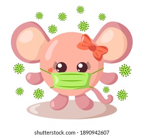 Funny cute kawaii mouse girl with round body and protective medical face mask surroundet by viruses in flat design with shadows. Isolated vector illustration	