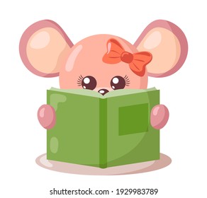 Funny cute kawaii mouse reading book in flat design with shadows. Isolated animal vector illustration	