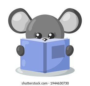 Funny cute kawaii mouse reading book in flat design with shadows. Isolated animal vector illustration	