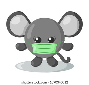 Funny cute kawaii mouse with round body and protective medical face mask in flat design with shadows. Isolated vector illustration	
