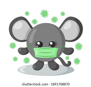 Gracioso ratón kawaii lindo con cuerpo redondo y mascarilla médica protectora rodeada de virus en diseño plano con sombras. Ilustración vectorial aislada	