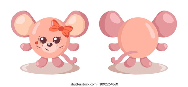 Gracioso ratón kawaii lindo con cuerpo redondo y arco de cabello en diseño plano con sombras, frontal y posterior. Ilustración vectorial animal aislada	