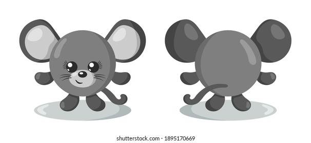 Funny cute kawaii mouse with round body in flat design with shadows, front and back. Isolated animal vector illustration	