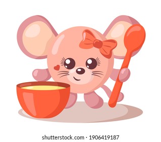 Funny cute kawaii mouse with round body, spoon and bowl in flat design with shadows. Isolated animal vector illustration