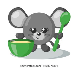 Gracioso ratón kawaii lindo con cuerpo redondo, cuchara y tazón en diseño plano con sombras. Ilustración vectorial animal aislada	