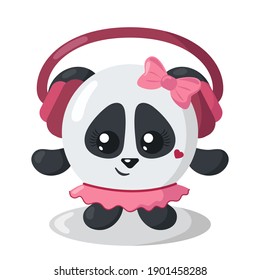 Funny cute kawaii panda bear with headphones and round body in flat design with shadows. Isolated animal vector illustration	