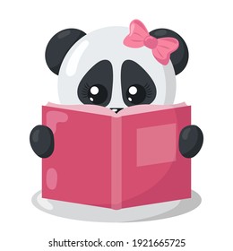 Funny cute kawaii panda with book in flat design with shadows. Isolated animal vector illustration