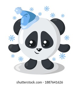 Funny cute kawaii panda with Christmas hat and round body surroundet by snowflakes in flat design with shadows. Isolated winter holiday vector illustration	