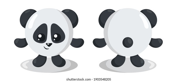 Funny cute kawaii panda with round body in flat design with shadows, front and back. Isolated animal vector illustration	