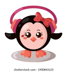 Funny cute kawaii penguin girl with headphones and round body in flat design with shadows. Isolated animal vector illustration	