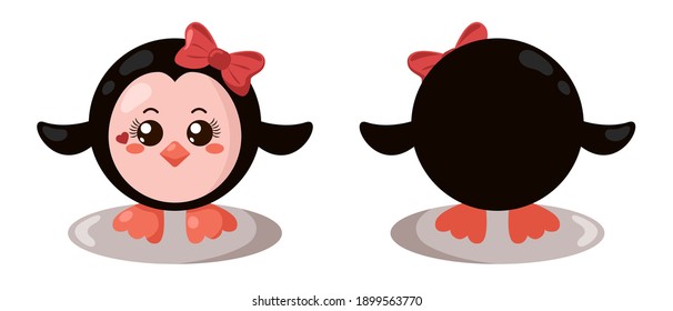 Funny cute kawaii penguin with round body in flat design with shadows, front and back. Isolated vector illustration	