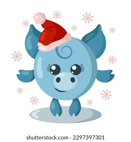 Funny cute kawaii pig with Christmas hat and round body surroundet by snowflakes in flat design with shadows. Isolated animal vector illustration	