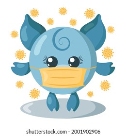 Funny cute kawaii pig with round body and protective medical face mask surrounded by viruses in flat design with shadows. Isolated animal vector illustration