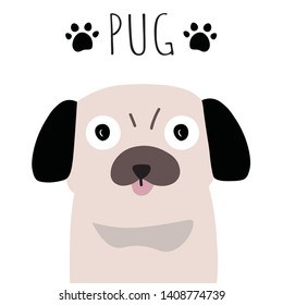 Funny cute kawaii Pug dog flat cartoon illustration flat vector design.