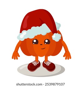 Funny cute kawaii pumpkin with Christmas hat and sneakers. Isolated colorful vector emoticon illustration.	