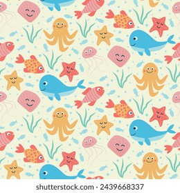 Funny Cute kawaii sea creatures seamless pattern with octopus, whale, starfish, jellyfish , little fish and seashell. For summer print, kids fabric and wrapping paper. 