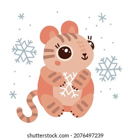 Funny cute kawaii tiger holding a snowflake surrounded by snow. Isolated winter holiday vector flat illustration. Cute symbol of 2022 year.