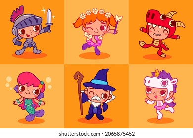 Funny and cute kids in Halloween party fantasy theme costume. Children in Halloween costume cartoon character design.