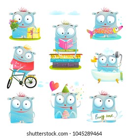 Funny Cute Kids Monster Character. Clip-art collection of fun childish pets. Vector illustration.