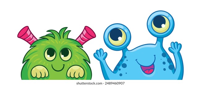 Funny, cute, kind aliens look up. Vector monsters in children's style on a white background.