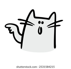 Funny cute kitten points his finger in the direction to the left. Vector illustration of a cat attracts attention, pawing advertises goods. Isolated cartoon character on white background.