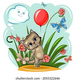 Funny cute Kitten takes off with a red balloon. Summer meadow with flowers and butterflies. Funny baby animal. Cartoon style. Illustration for children. Isolated over white background. Vector