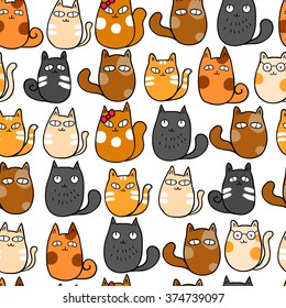 Funny cute kittens. Vector seamless pattern
