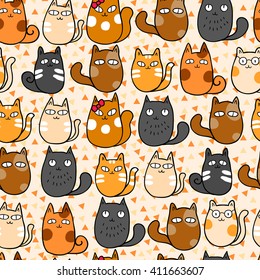 Funny cute kittens. Vector seamless pattern