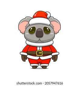 Funny and cute koala mascot, wearing santa claus costume, cartoon animal with sparkling brown eyes, front view. kawaii styles, flats, for kids and adults, for stickers. merry christmas. element design