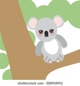 Funny cute koala sitting on a branch of a large tree on white background. Vector