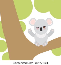 Funny cute koala sitting on a branch of a large tree on white background. Vector