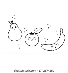 Funny cute kwai fruit apple, banana and pear. Icons. Vector illustration