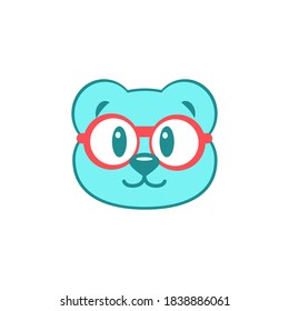 funny cute laughing blue bear with blue ears and funny glasses, sticker for printing, emoticon and avatar for social networks, mascots, vector eps 10