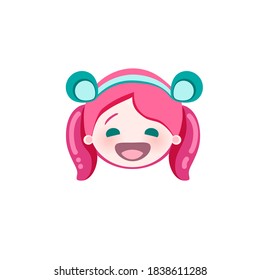 funny cute laughing girl with blue ears on a hoop or cap, sticker for print, emoticon for social networks, mascots, isolated on white, vector eps 10