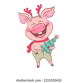 Funny cute laughing pig with Christmas deer horns on his head. Piglet holding a Christmas tree. Cheerful vector illustration for design of the New Year. Symbol of the year 2019.