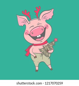 Funny cute laughing pig with Christmas deer horns on his head. Piglet holding a Christmas tree. Cheerful vector illustration for design of the New Year on blue background. Symbol of the year 2019.