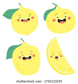Funny and cute lemons with faces. Vector set in cartoon flat style.