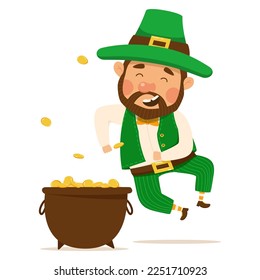 Funny and cute leprechaun with brown beard with a pot of gold. Vector illistration for St. Patrick's day. Happy man in a green suit and hat. Isolated on a white background.