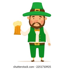 Funny and cute leprechaun with brown beard with a pint of beer. Vector illistration for St. Patrick's day. Happy man in a green suit and hat. Isolated on a white background.