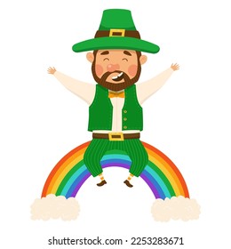 Funny and cute leprechaun with brown beard on the bright rainbow. Vector illistration for St. Patrick's day. Happy man in a green suit and hat. Isolated on a white background.