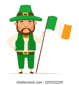 Funny and cute leprechaun with brown beard with Irish flag. Vector illistration for St. Patrick's day. Happy man in a green suit and hat. Isolated on a white background.