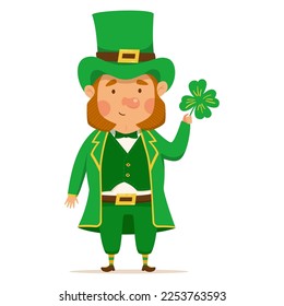 Funny and cute leprechaun with four leaf clover. Vector illistration for St. Patrick's day. Happy man in a green suit and hat. Isolated on a white background.