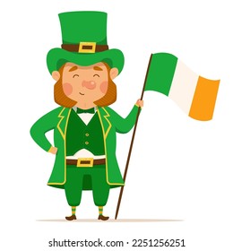 Funny and cute leprechaun with Irish flag. Vector illistration for St. Patrick's day. Happy man in a green suit and hat. Isolated on a white background.