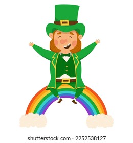Funny and cute leprechaun on the bright rainbow. Vector illistration for St. Patrick's day. Happy man in a green suit and hat. Isolated on a white background.