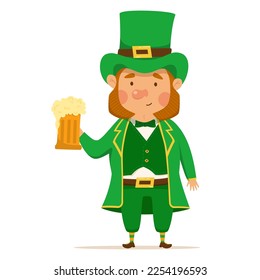 Funny and cute leprechaun with a pint of beer. Vector illistration for St. Patrick's day. Happy man in a green suit and hat. Isolated on a white background.