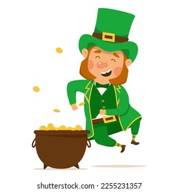 Funny and cute leprechaun with a pot of gold. Vector illistration for St. Patrick's day. Happy man in a green suit and hat. Isolated on a white background.