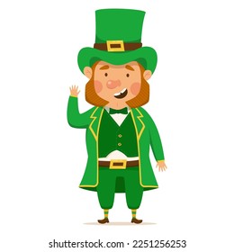 Funny and cute leprechaun for St. Patrick's day. Happy leprechaun in a green suit and hat. Vector Illustration isolated on a white background.